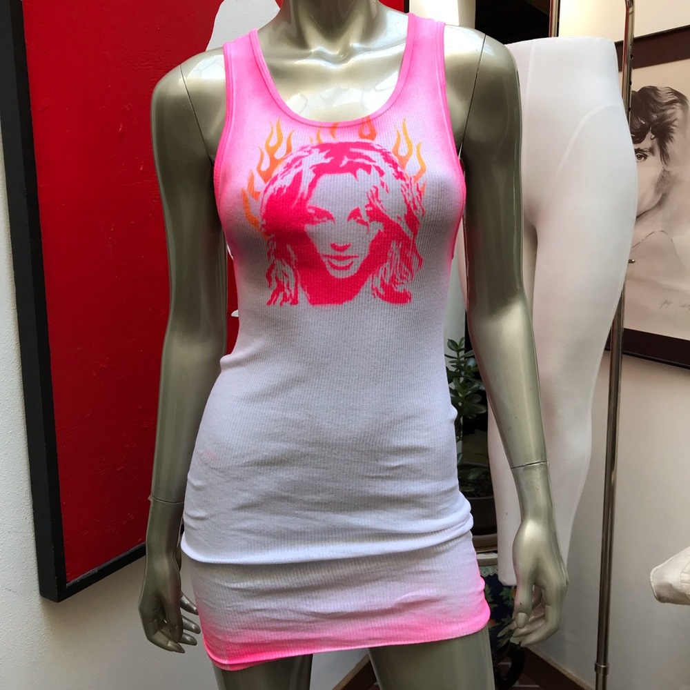 BRITNEY SPEARS FREED distressed ribbed graffiti soft tank top L - Picture 8 of 17
